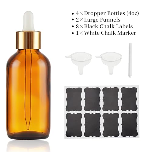 Amber Glass Dropper Bottle 4 oz, Tincture Bottles with Dropper, Golden Cap Essential Oils Bottles for Health, Personal Care & Beauty - 4 Pack4