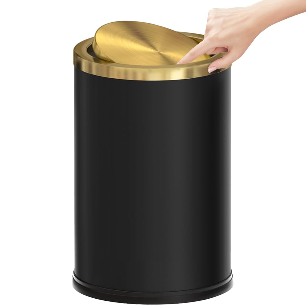 2 4 Gallon 9L Black and Gold Bathroom Trash Can Metal Stainless Steel Wastebasket with lid Brass Kitchen