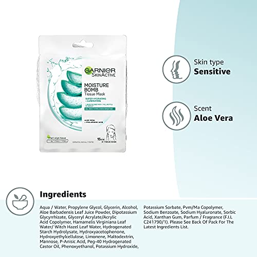 Garnier Moisture Bomb Aloe Vera Hyaluronic Acid Hydrating and Luminating Face Sheet Mask Sensitive Skin 28g - Image 6