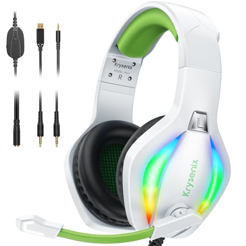 Krysenix PG1 Auriculares Gaming para PS4/PC/Nintendo Switch/Xbox, Cascos PS5 con Micrófono, Cascos Gaming Cancelación de Ruido, Auriculares Xbox One con Conector de 3.5 mm y luz RGB, Blanco/Verde