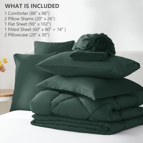 Image of CozyLux Queen Comforter Set Forest Green - Bed in a Bag Queen Size 7 Pieces, Luxury Soft Bed Set for All Seasons, Bedding Set with Down Alternative Comforter, Sheets, Pillowcases & Shams