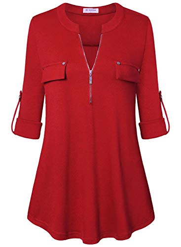 Image of Bulotus 3 /4 Length Sleeve Womens Striped Tops Zipper V Neck Collared Blouses Business Casual Tunics 2026 Spring Trendy