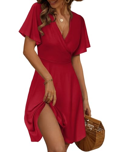FENSACE Red Dresses for Women Curvy Faux Wrap Date Night Party Ladies Cocktail Dress(Wine Red,Medium)