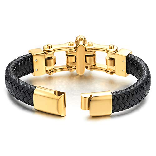 Coolsteelandbeyond Mens Steel Gold Color Wolf Head Motorcycle Bike Chain Black Braided Leather Bangle Bracelet, Magnetic Clasp #TOP11
