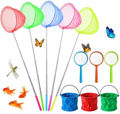 Furuising 11 Pack Kids Fishing Net Set 5 Colorful Telescopic Butterfly Nets with 3 Magnifier and 3 Foldable Bucket Kit with Handle(37-82cm) for Pond Dipping Rock Pool Catching Fish Crab Insect