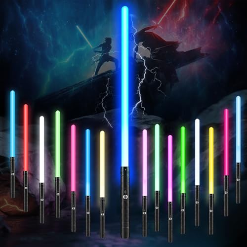 HERMORRYSS Sable de Luz, 2 En 1 Espada Láser de Star Wars, Espada Láser Recargable con Sonido, Mango de Metal, 15 Colores, 5 Modos, Juguetes para Niños y Adultos Halloween Cosplay (1pcs)