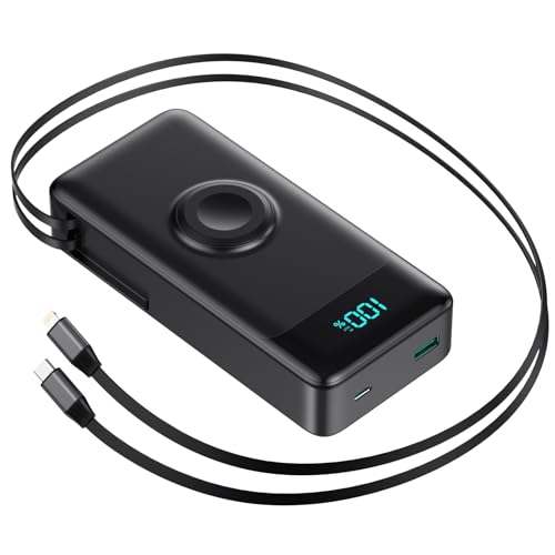 Image of 5-in-1 Portable Charger for iPhone,40800mAh Power Bank Built-in Retractable Cable and iWatch Charger,25W PD QC4.0 Fast Charging Battery Pack,Travel Essential Charger for iPhone 17 /Air /16,Android,Black