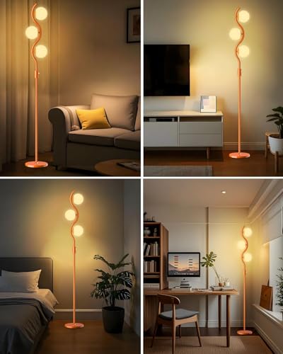 Image of Lightdot 3-Globe Dimmable Floor Lamp Orange Mid Century Modern Standing Lamp with 3PCS 3000K Bulbs Included Stepless Brightness Adjustable Stable Base for Living Room /Bedroom /Sofa Beside /Corner Decor