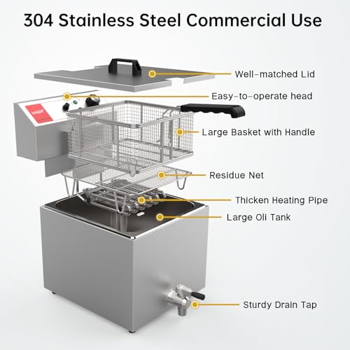 Valgus Professionelle elektrische Fritteuse aus Edelstahl 3300W 16L Großraum-Küchen-Fritteuse mit Korb und Deckel, Ablaufsystem – Bild 4