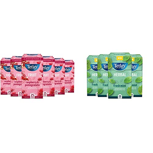 Tetley Raspberry & Pomegranate String & Tag Envelopes 6 x 25 Teabags & Fresh Mint Pack of 4 Boxes 80 Teabags