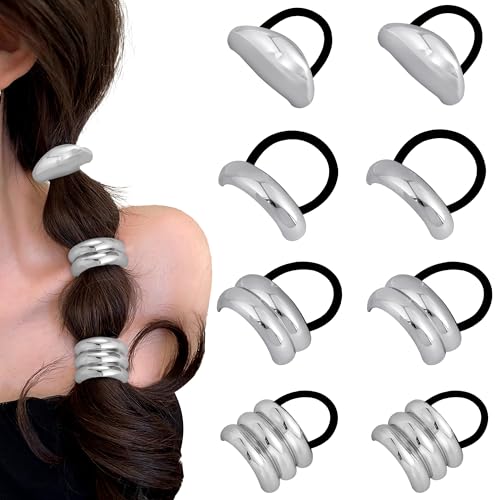 8Pcs Metal Geometric Elastic Hair Ties No Damage Ponytail Cuff Ho...