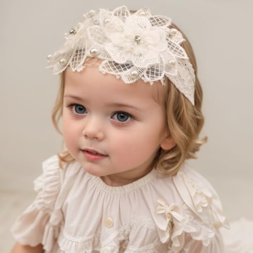 Rannyrena Baby Girls Lace Headband Handmade Flower Hair Band Infants Head Wrap Soft Elastic Pearl Floral Hairband for Newborn Toddler Kids Hair Accessories (White H, Adjustable)