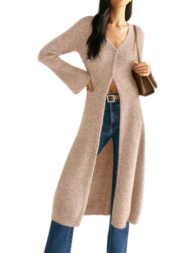Image of Womens V-Neck Button Maxi Cardigan Bell Long Sleeve Open Front Split Breasted Sweater Dress