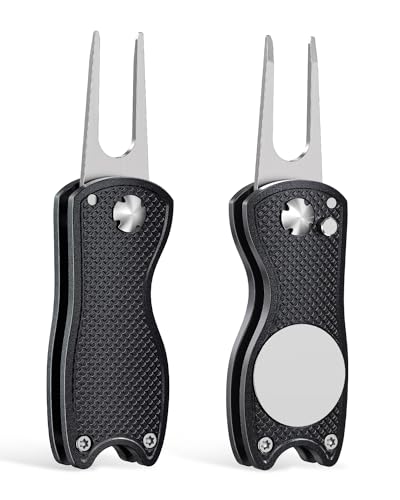 GreenHaven 2 Pack Golf Divot Repair Tool for Golfers Foldable Metal Green Tool with Magnetic Putt Alignment Ball Marker Pop-up Fork Tine with Sturdy Aluminum Alloy Handle, Black