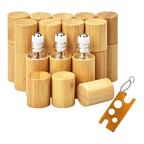 12Pcs 5ml Bamboo Roll on Bottles for Essential Oils, Portable Massage Oil Bottle Clear Inner with Stainless Steel Roller Ball, Eco-Friendly Travel Perfumes Sample Lip Gloss Container (1 Opener)… Cover