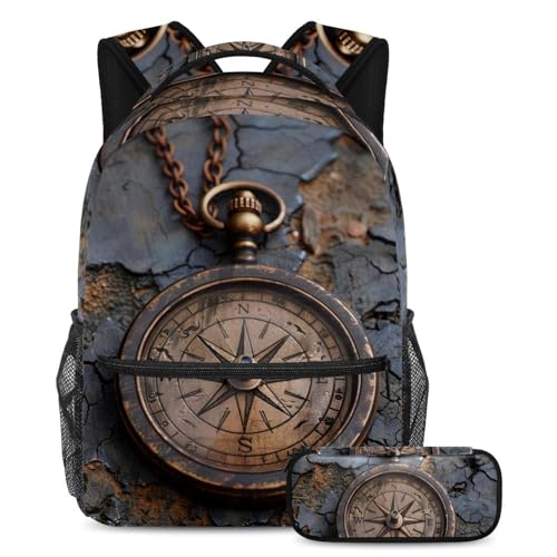 Sac à dos pour garçons filles motif boussole avec trousse ensemble scolaire