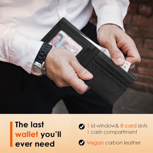 Image of RUNBOX Wallet for Men Slim Leather Bifold RFID Blocking Minimalist Front Pocket Design with Gift Box | Minimalist Front Pocket Design, Holds 8 Cards, RFID Protection, Gifts for Men on Birthdays, Father's Day, and Christmas