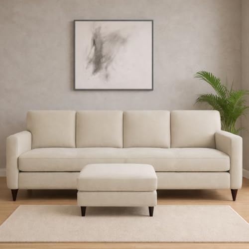 Image of Carlos 5-Seater Sofa Set with Ottoman (Cream Colour) | Premium Fabric Modern Sofa for Living Room, Home & Office | Stylish Comfortable Furniture for Hall & Lounge