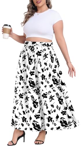 Lastshe Plus Size Maxi Skirts for Women Summer Business Work Elastic High Waisted Hide Drawstring Flowy A-line Long Skirt with Pockets,Print Black,2X