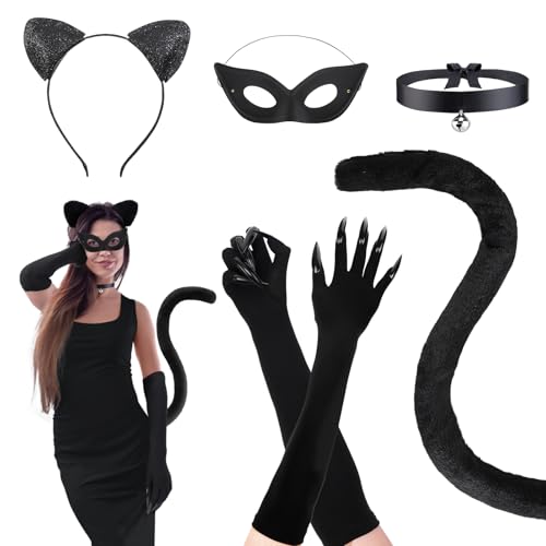 Halloween Cat Costume Accessories for Women - 5 Pcs Cute Black Mask Ears Tail Set, Cat Claw Gloves with Strong Long NAI for Adults Party Masquerade Cosplay