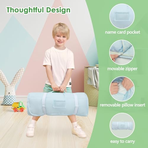 Dinosaurier Schlafsack Kinder mit Kopfkissen Reißverschluss, Faltbare Kinderschlafsack mit Kissen Abnehmbar für Mädchen Jungen, Leicht Reinigen Schlafsack für Outdoor Indoor Camping, 150×60cm