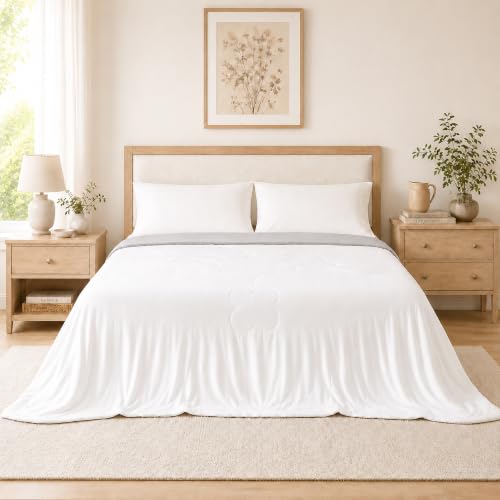 LaffyLo Cooling Blanket for Hot Sleepers, Lightweight Summer Quilt with Breathable Reversible Fabric for Bed, Couch, Dorm and Travel, Machine Washable, Queen Size 90"x90", White & Light Grey - image 1