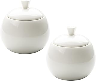 Sizikato 2pcs Pure White Porcelain Sugar Bowl with Lid, 14 Oz Salt Bowl for Kitchen or Restaurant