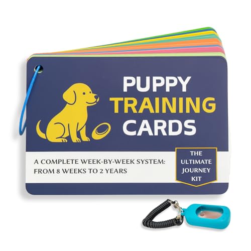 Puppy Training Cards - Complete Raising Dog Kit with Clicker - Replaces Dog Training Book & Journal - 50 Stage by Stage Guide Cards (8 Weeks to 2 Years)