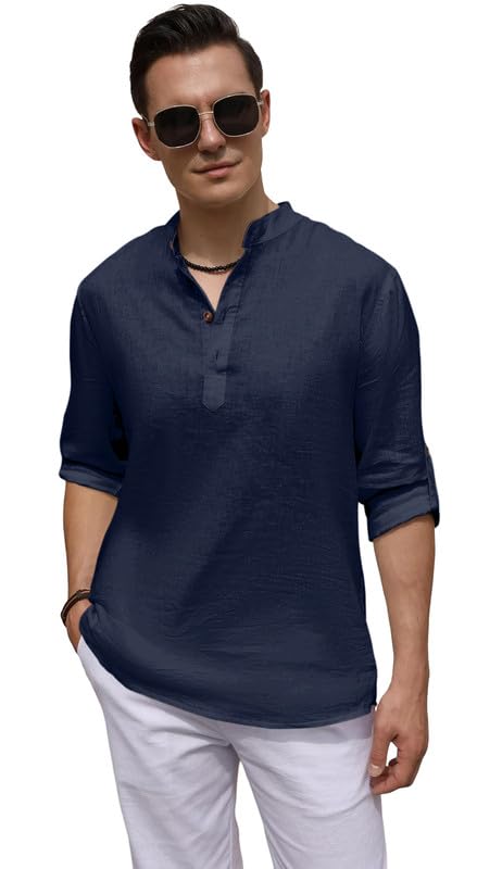 Image of ROYALSCOUT Men's Cotton Blend Casual Short Kurta Shirt with Notch Neck and Button Detail | Full Sleeve Straight Fit Lightweight Ethnic Top for Summer