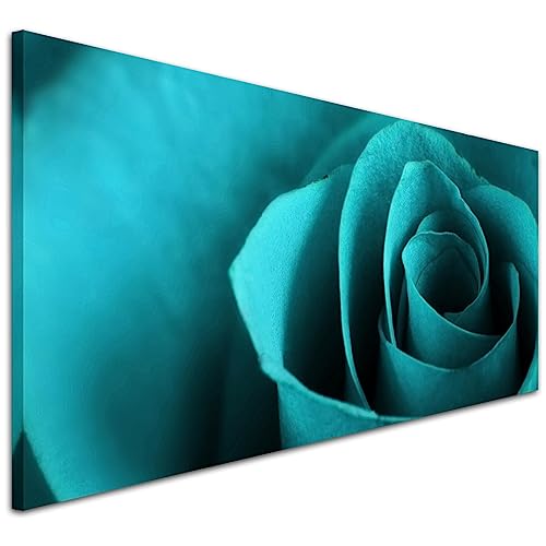Wallfillers Modern Teal Canvas Pictures Of A Rose Flower - Turquoise Floral Wall Art - 1109-118X49Cm