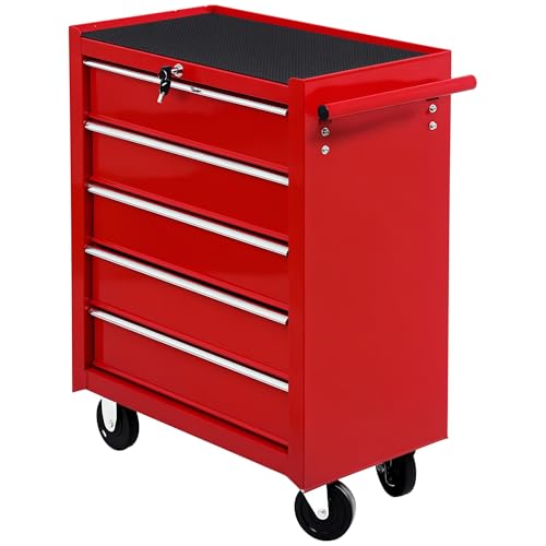 HOMCOM 5 Drawer Tool Box, Lockable Steel Tool Chest on Wheels, Rolling Chest Cabinet with 5 Drawers and Handle for Workshop, Garage, Red 1 HOMCOM 5 Drawer Tool Box, Lockable Steel Tool Chest on Wheels, Rolling Chest Cabinet with 5 Drawers and Handle for Workshop, Garage, Red