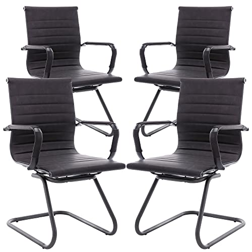 Image of Office Desk Chair No Wheels Set of 4 PU Leather Computer Chairs Mid Back Guest Chairs for School Reception Conference Waiting Room, Vintage Charcoal
