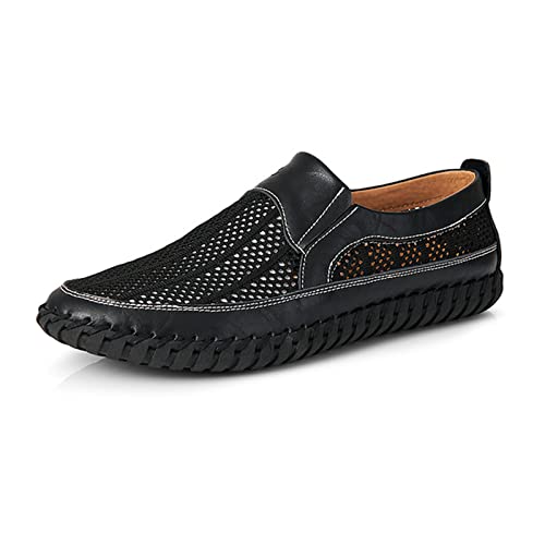 UGOSELEC Men Breathable Leather Sandals Slip On Boat Shoes,Casual Handmade Lightweight Mesh Hollow Flat Driving Shoes Penny Loafers Deck Shoes