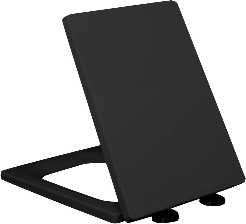 WinZo Rectangular Toilet Seat Soft Close For WinZo Square Toilet Bowl WZ5070, Heavy Duty Hard Plastic Replacement Cover (Glossy Black)