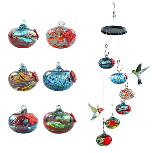 LXliangxin Outdoor Wind Chime Hummingbird Feeder 6PCS Hand-Blown Colorful Hanging Glass Hummingbird Feeder Ant and Wasp Proof with 6 Feeding Ports for Window Patio Outdoor Garden Decoration