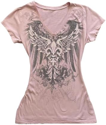 Womens Y2K Gothic Graphic V-Neck Slim Fit T-Shirt Grunge Vintage Short Sleeve Trendy Crop Tops