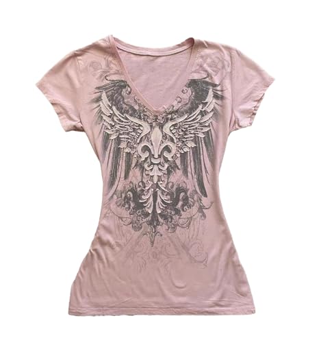 Womens Y2K Gothic Graphic V-Neck Slim Fit T-Shirt Grunge Vintage Short Sleeve Trendy Crop Tops