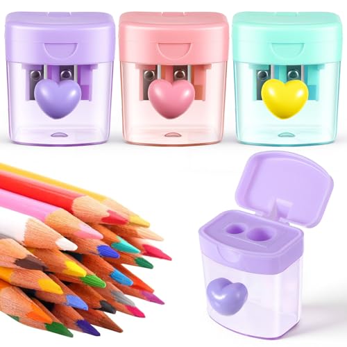 Exircy - 3 PCS Pencil Sharpener with Container, Twin Hole Handheld Heart Small Manual Pencils Sharpener with Lid Manual Pencils Sharpeners for Office Supplies (Pink, Green, Purple)