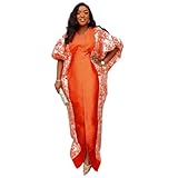 HD African Print Bubu dress for Woman V Neck Orange Front Slit Caftan Gown