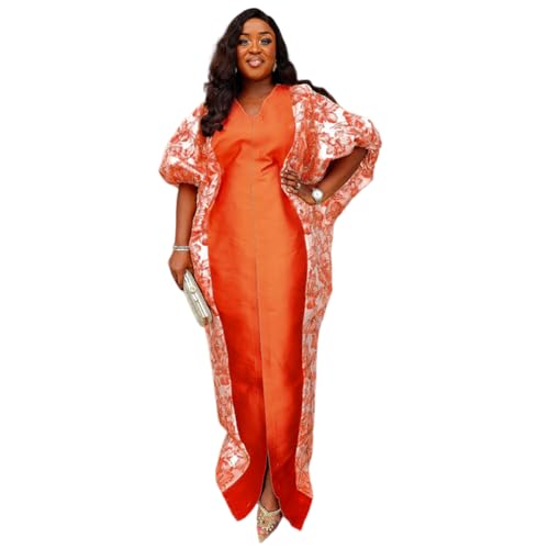 HD African Print Bubu dress for Woman V Neck Orange Front Slit Caftan Gown