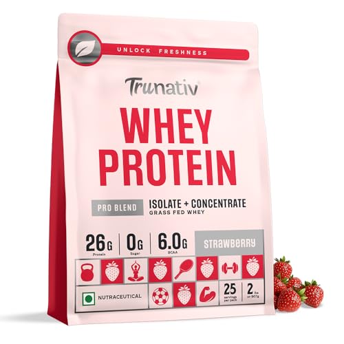 Image of Trunativ Pro Blend Whey Protein Powder Isolate & Concentrate | 100% Light & Clean Protein Powder | 26g Protein | 6g BCAA | 12.52g EAA | No added sugar | Strawberry 2lbs (907g)