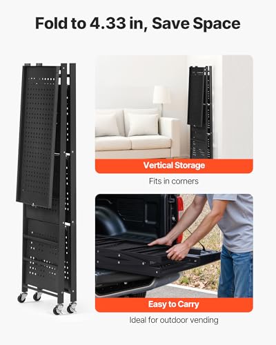 Image of VEVOR 4-Tier Foldable Storage Shelf, 26W x 13D x 46H Inch Folding Metal Rack Shelving Unit, No Assembly Organizer Shelf with 5 Wheels & 4 Hooks for Pantry, Kitchen, Garage, Basement, Black