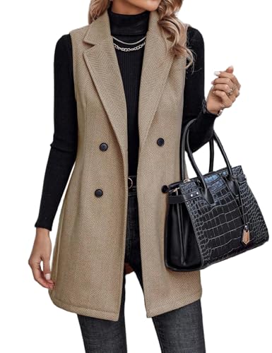 Kinghua Womens Wool Long Vest Sleeveless Lapel Double Breasted Fall Winter Coats Jackets