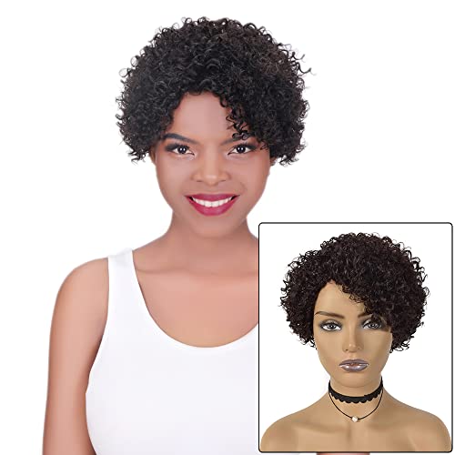 LVEYEZMO Short Curly Wigs with Side Bangs Human Hair Wigs Afro Kinky Curly Wigs for Black Women African American Wigs Natural Color (1B)