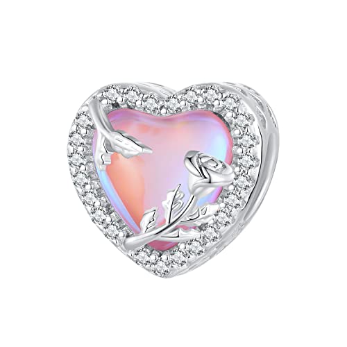 Abalorio de plata de ley 925 con forma de corazón con circonita y cristal rosa, para pulsera Pandora, ideal para pulseras Pandora, ideal para novias, amantes y novias, Zirconia cúbica, Circonita
