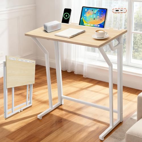 24"Wx 28"H Folding TV Tray for Eating, Foldable TV Dinner Table, Side Table Slide Under Couch, C-Shaped End Table with Devices Slot & Charging Stations, Small TV Tray for Living Room, Bedroom(Natural) - image 9
