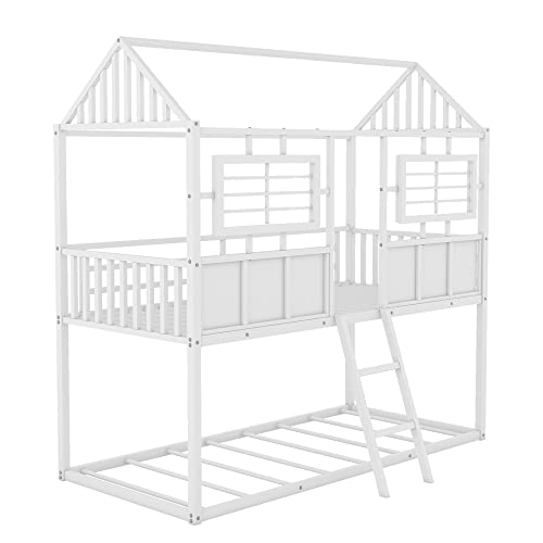 Twin Over Twin House Bunk Bed Metal Floor Bunk Beds Frame Kids Playhouse Bunked With Ladder White Cottage Beds For Girls Boys Teens, No Box Spring Needed #TOP4