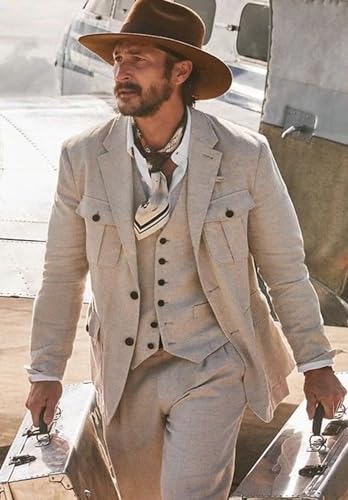 Men Linen Suit 3 Pieces Retro Beach Wedding Set Slim Fit Light Weight Blazer Jacket Vest & Pant Tux2
