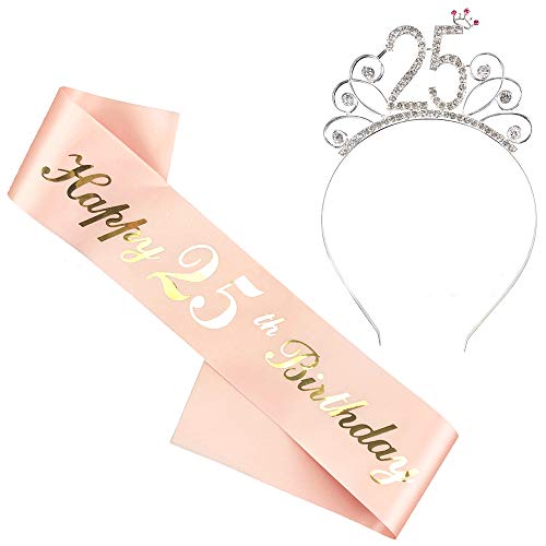 Huture Sash & Rhinestone Tiara Set 25 Years Birthday Gifts for Women Birthday Glitter Crown Girl Happy 25th Birthday Sash Birthday Etiquette Belt Glitter Birthday Sash for Women Party Supplies