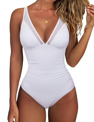 RXRXCOCO Women Sexy Mesh Tummy Control One Piece Swimsuit Ruched Slimming Shapewear Bathing Suit Lace Up Back Swimwear White X-Large